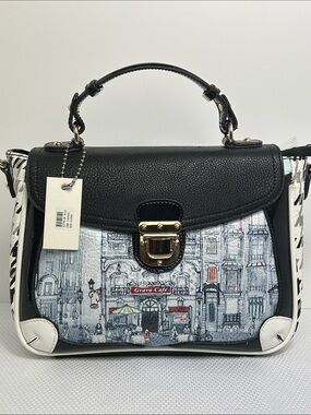 Novelty Satchel Shoulder Bag Cafe City Theme Flap Over Lock Closure Handbag